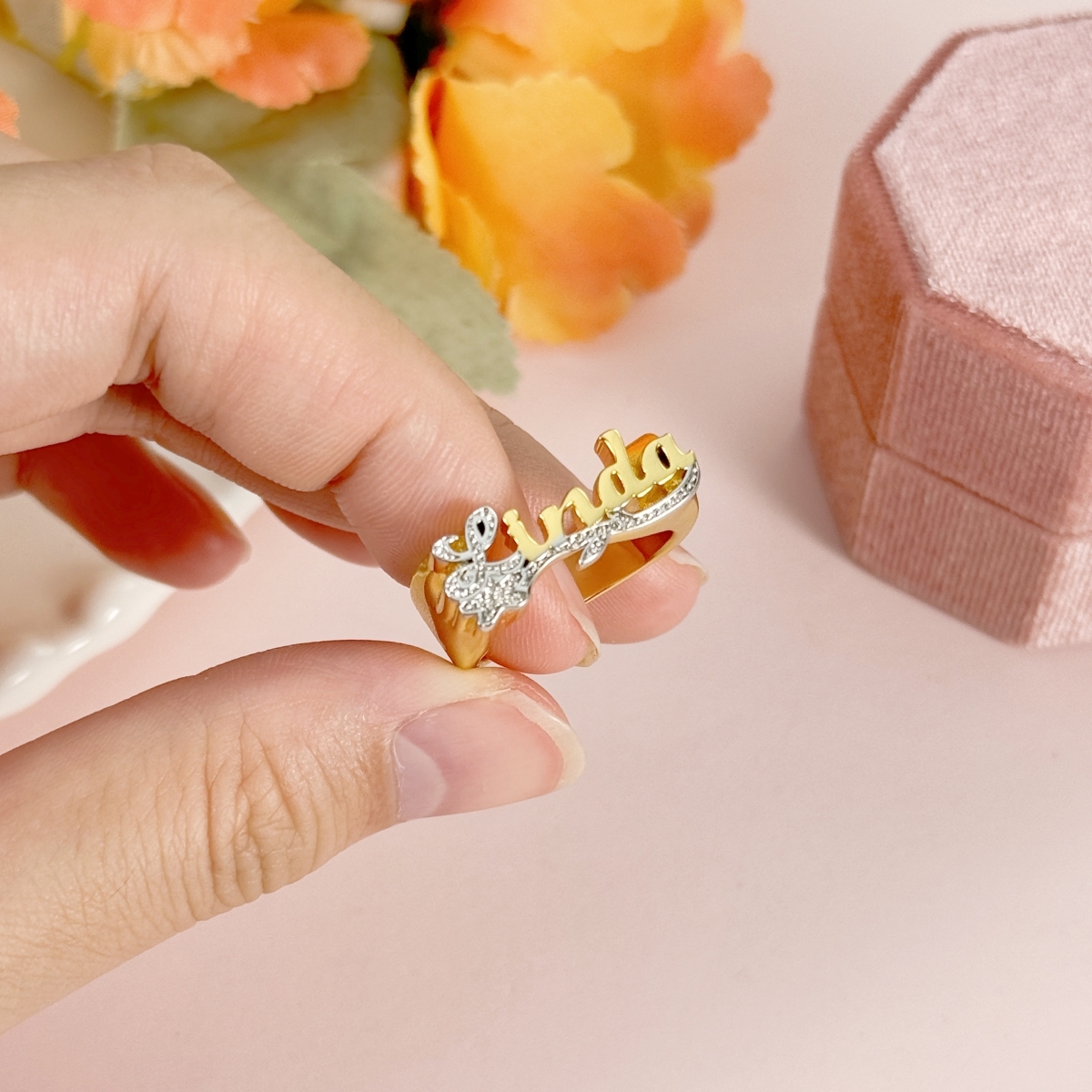 Personalized Flower Design Two Tone Name Ring