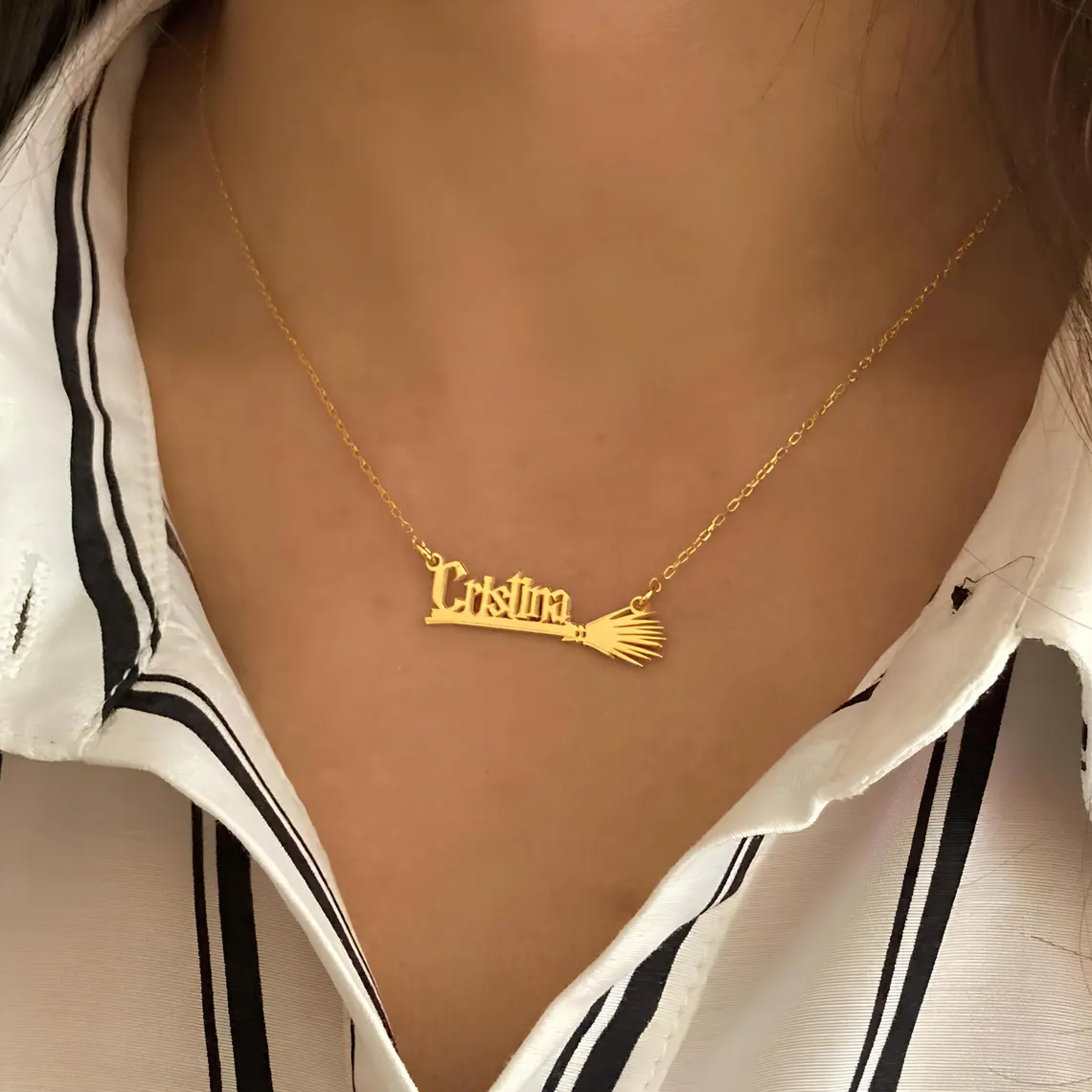 Personalized Halloween Gold Plated Magic Witch Broom Name Necklace