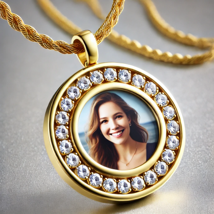 Custom Circle Zirconia Photo Pendant Necklace Gold Plated