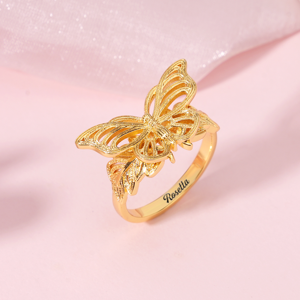 Leaf Butterfly Ring Personalized Gold Plated Engraved Ring