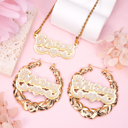 Acrylic Nameplate with Crown and Swirls Heart Personalized Custom Jewelry Set Name Necklace and XOXO Bamboo Name Earrings
