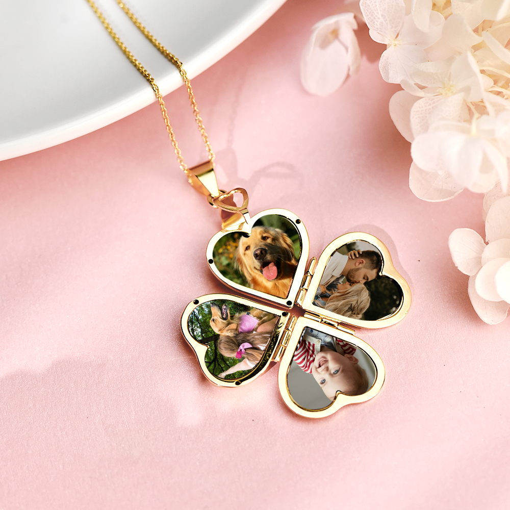 Personalized Gold Plated Four Picture Heart Locket Custom Photo Necklace Anniversary Gift