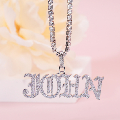 Tennis Chain Iced Out Old English Personalized Name Necklace