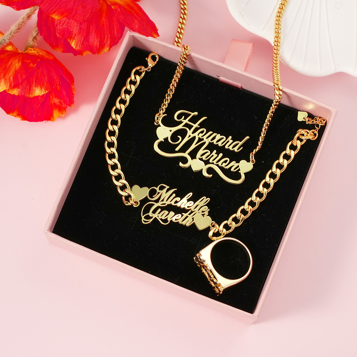 Heart Two Names Pendant Personalized Name Necklace Name Bracelet And Name Ring Set