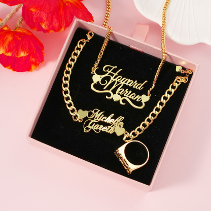 Heart Two Names Pendant Personalized Name Necklace Name Bracelet And Name Ring Set