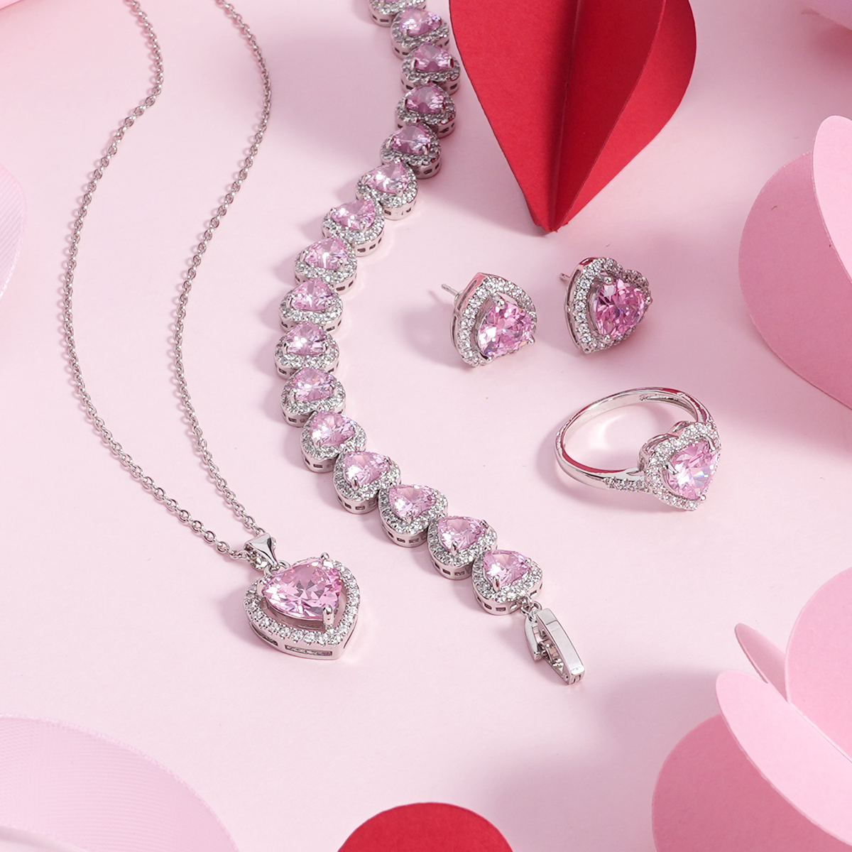 Pink Heart Zircon White Gold Necklace Bracelet Ring and Earrings Four Piece Valentines Jewelry