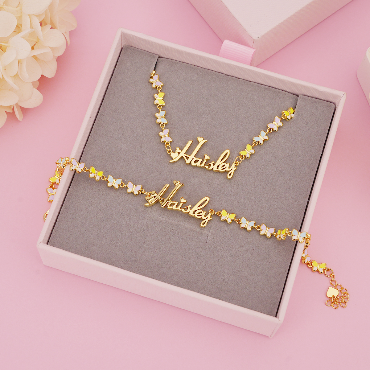 Colorful Butterfly Chain Personalized Custom Name Necklace And Name Bracelet Set