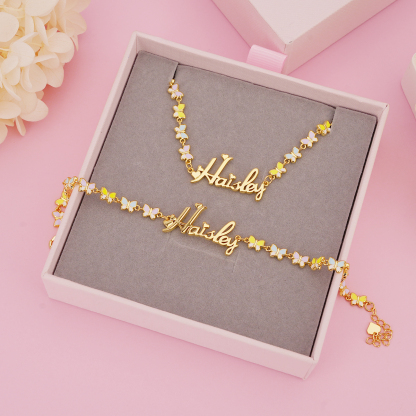 Colorful Butterfly Chain Personalized Custom Name Necklace And Name Bracelet Set