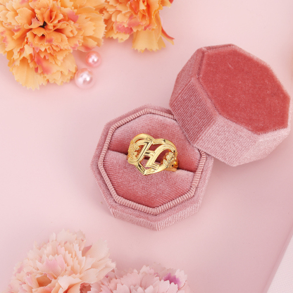 Personalized Flower Heart Initial Letter Ring Custom Ring