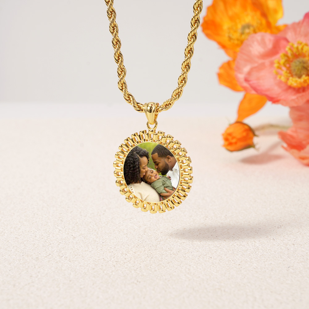 RX Style Watch Band Round Circle Charm Pendant Custom Photo Necklace Memorial Neckalce