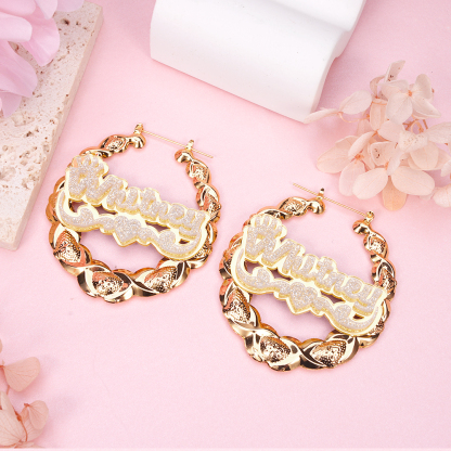 Acrylic Nameplated XOXO Bamboo Earrings Gold Plated Custom Name Earrings