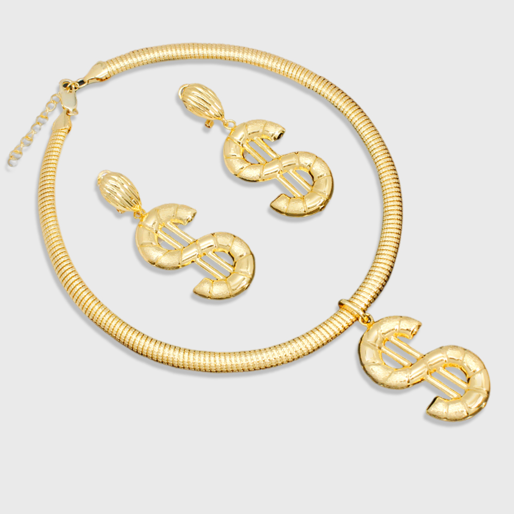 Dollor Jewelry Set Gold Plated Money Necklace And Earrings