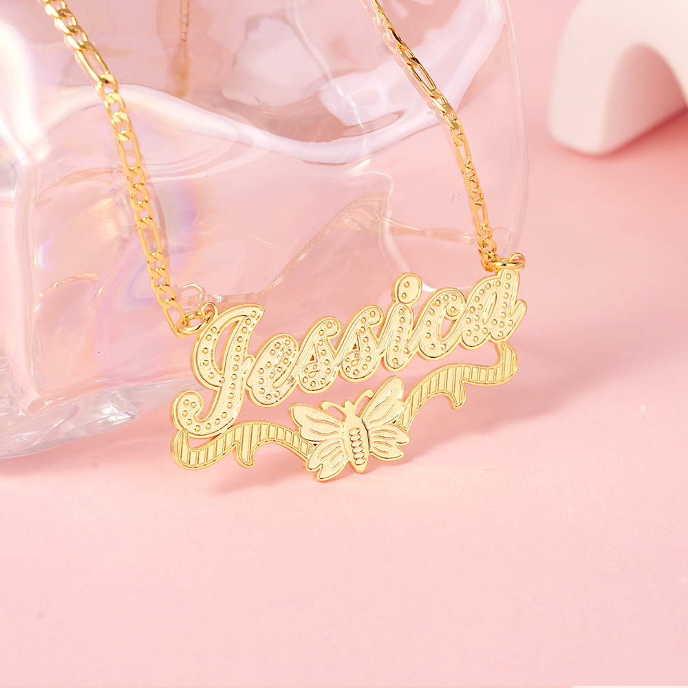 Double Layer Butterfly Nameplate Pendant Personalized Custom Gold Plated Name Necklace
