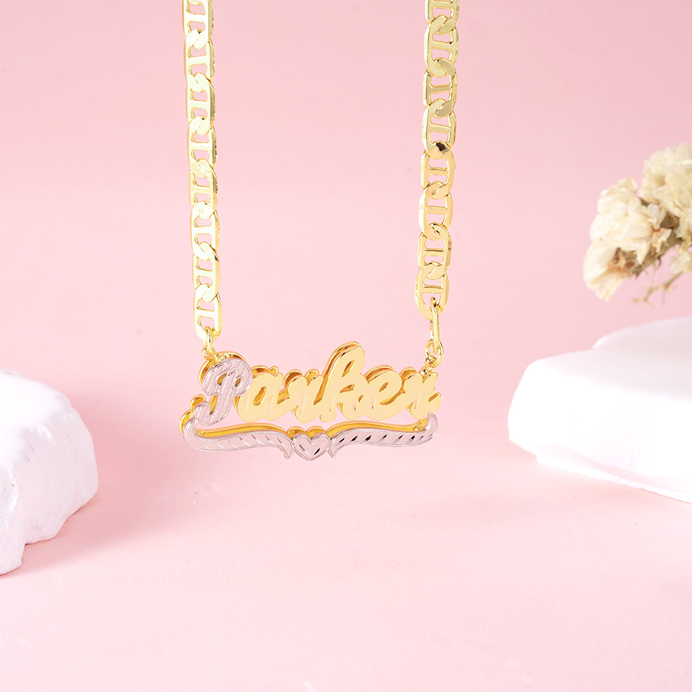 Marine Chain Personalized Double Layer Two Tone Heart Name Necklace
