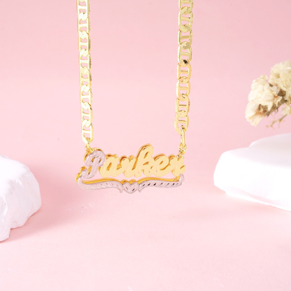 Marine Chain Personalized Double Layer Two Tone Heart Name Necklace