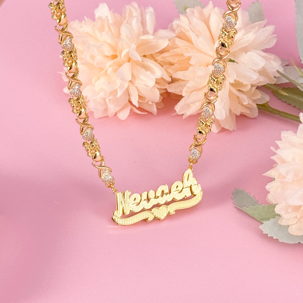Teddy XOXO Chain Double Layer Heart Personalized Custom Gold Plated Name Necklace