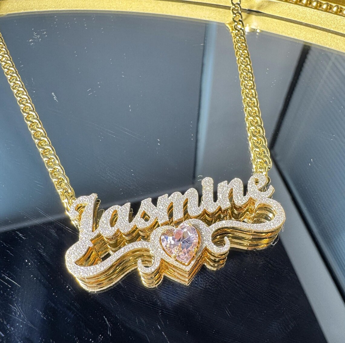 Shiny Heart Birthstone Personalized Name Necklace and Bamboo Earrings Set