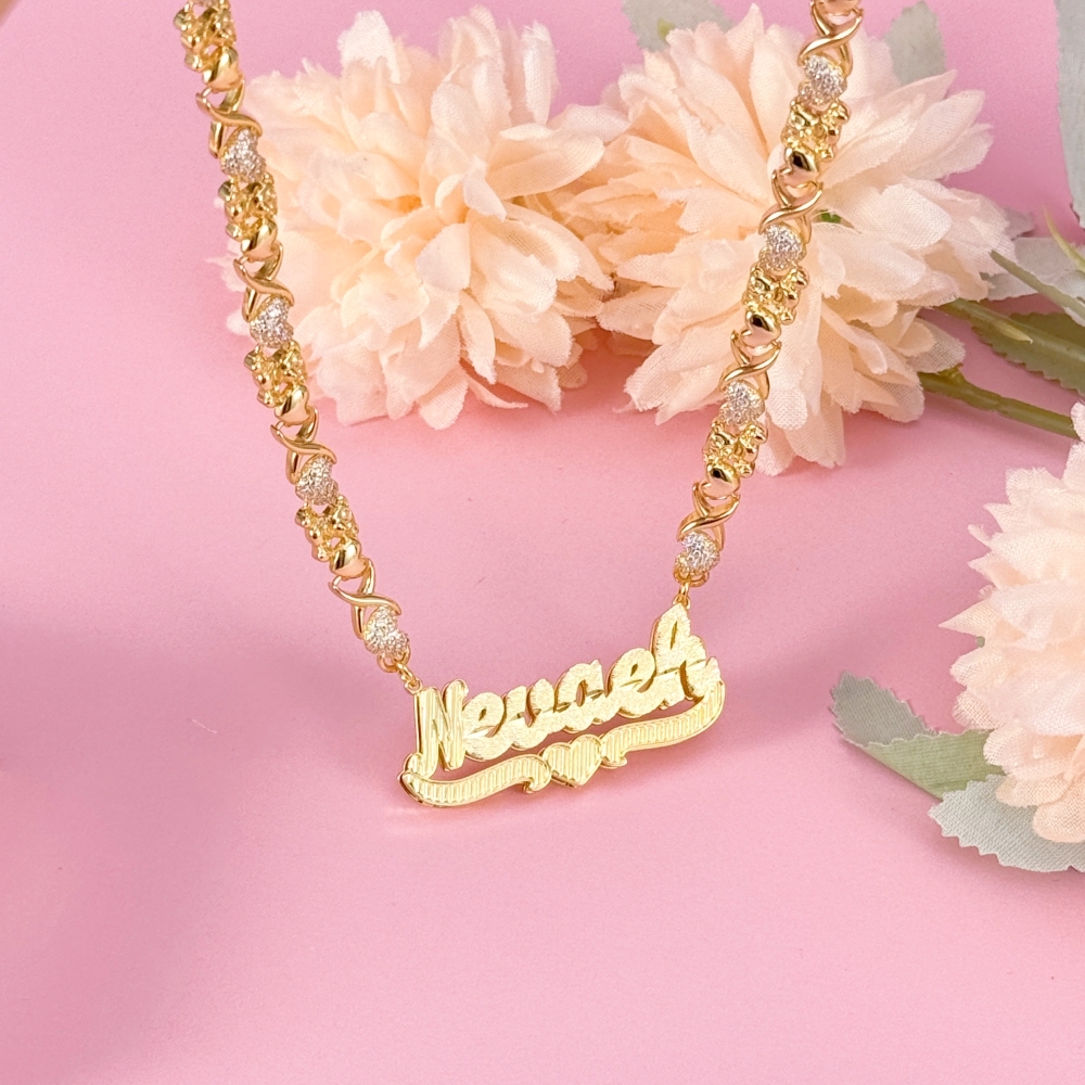 Teddy XOXO Chain Double Layer Heart Personalized Custom Gold Plated Name Necklace
