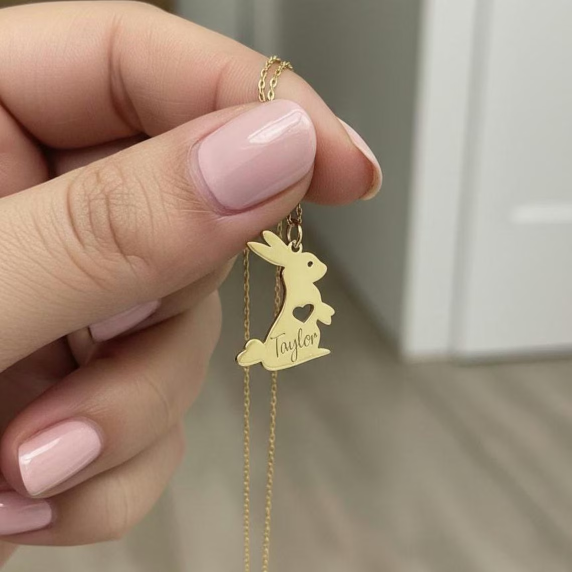Bunny Rabbit Personalized Heart Engraved Name Necklace Easter Gift