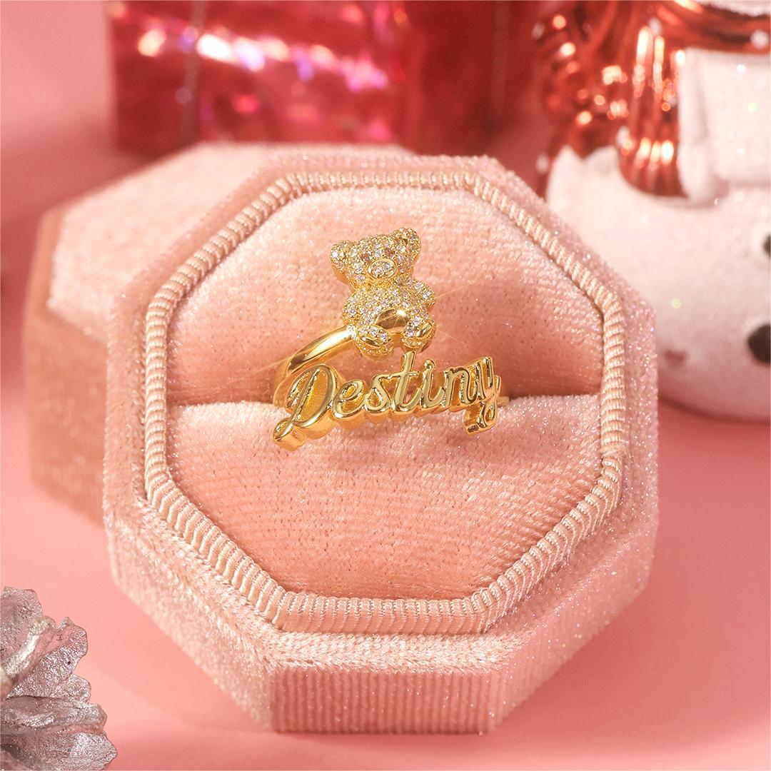 Personalized Gold Plated Bear Name Rings