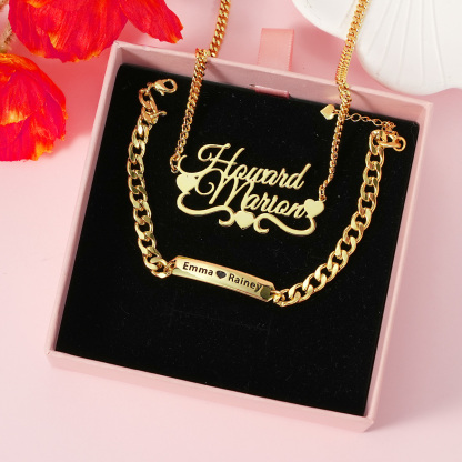 Two Names With Love Heart Personalized Name Necklace And Name Bracelet Couple Set