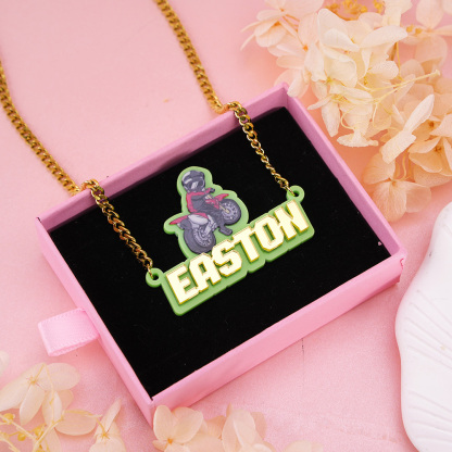 Acrylic Cool Racer With Motorcycle Rider Curb Chain Personalized Name Necklace 