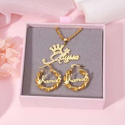 Personalized Custom Gold Plated Crown Name Necklace Mini Hoop Earrings Set For Kids