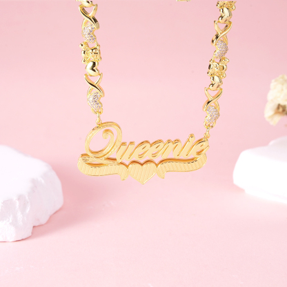 Personalized Custom Teddy XOXO Chain Double Layer Diamond Cut Heart Name Necklace