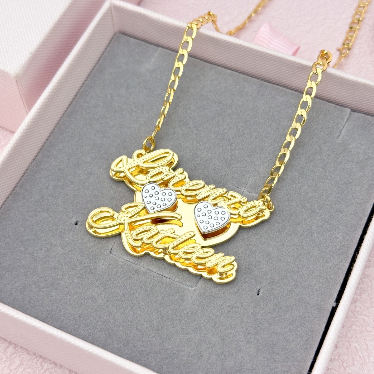 Double Plate Two Tone with Two Hearts Personalized Custom Gold Plated Two Names Necklace