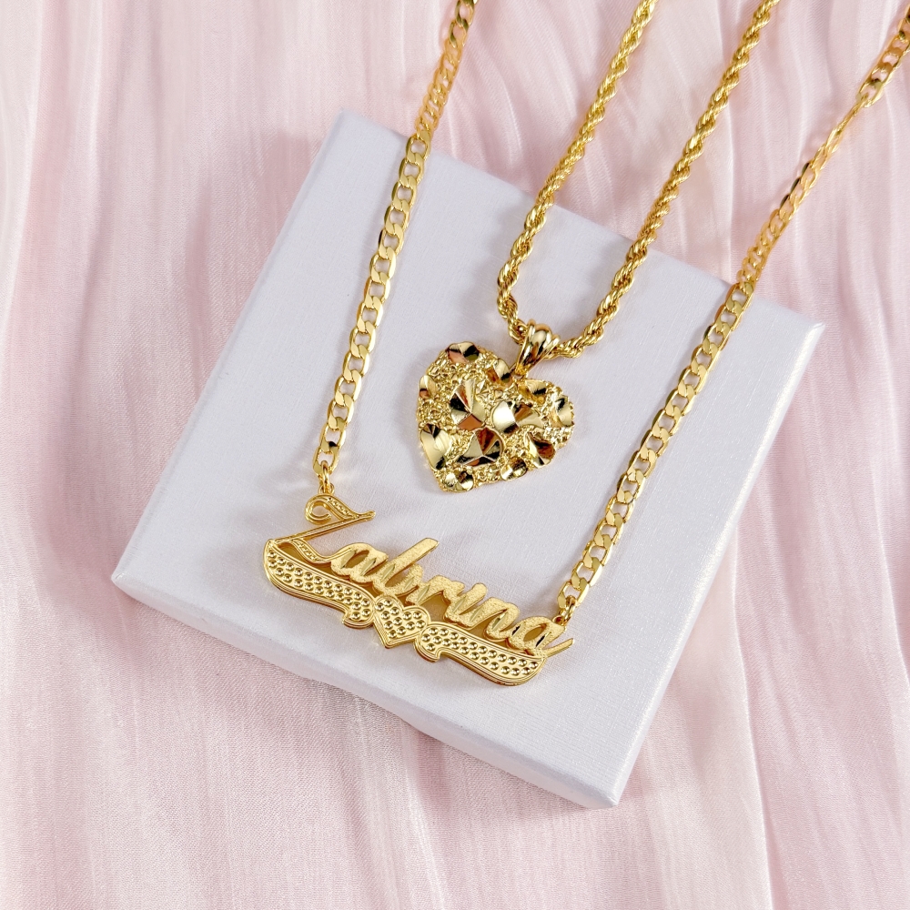 Nugget Style Heart Pendant Necklace and Diamond Cut 3D Name Necklace Set