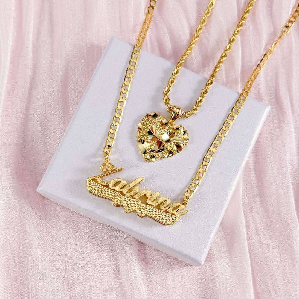 Nugget Style Heart Pendant Necklace and Diamond Cut 3D Name Necklace Set