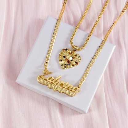Nugget Style Heart Pendant Necklace and Diamond Cut 3D Name Necklace Set