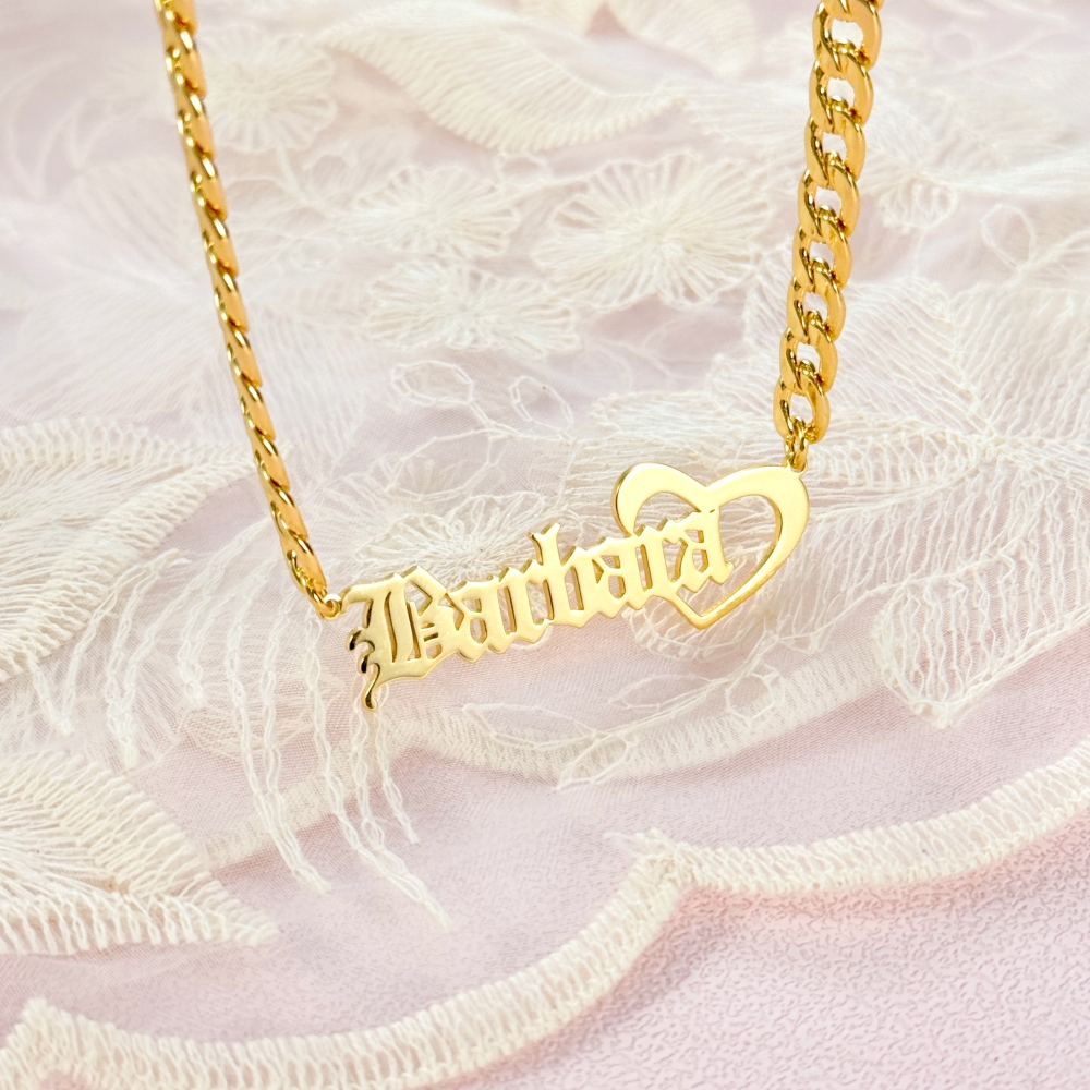Old English Font Personalized Name Necklace With Heart