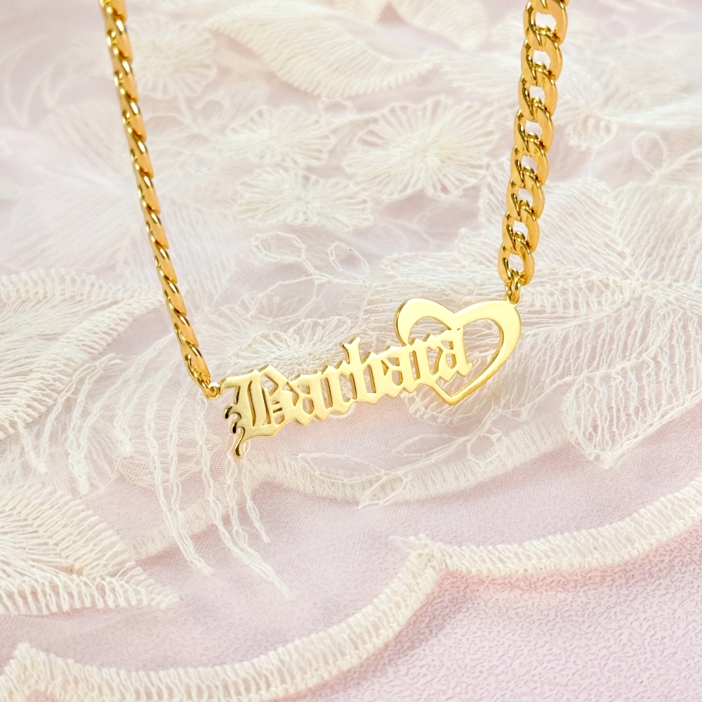 Old English Font Personalized Name Necklace With Heart