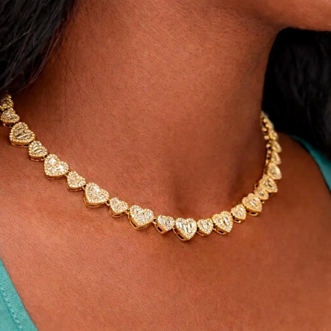Iced Out Baguette Cut Pave Heart Link Chain