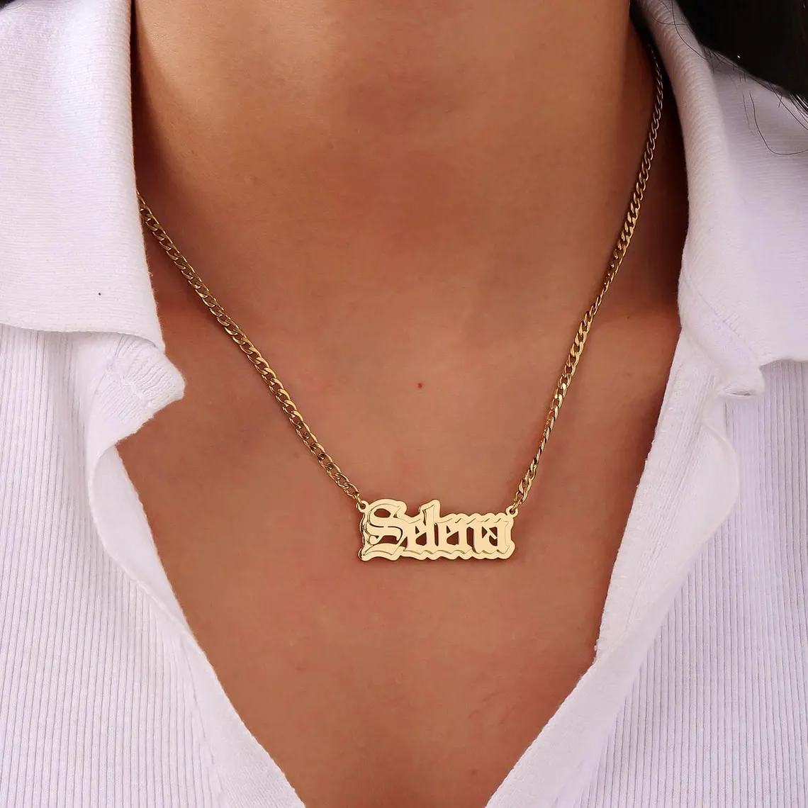 Custom Old English Name Necklace Double Plated Cuban Link Pendant