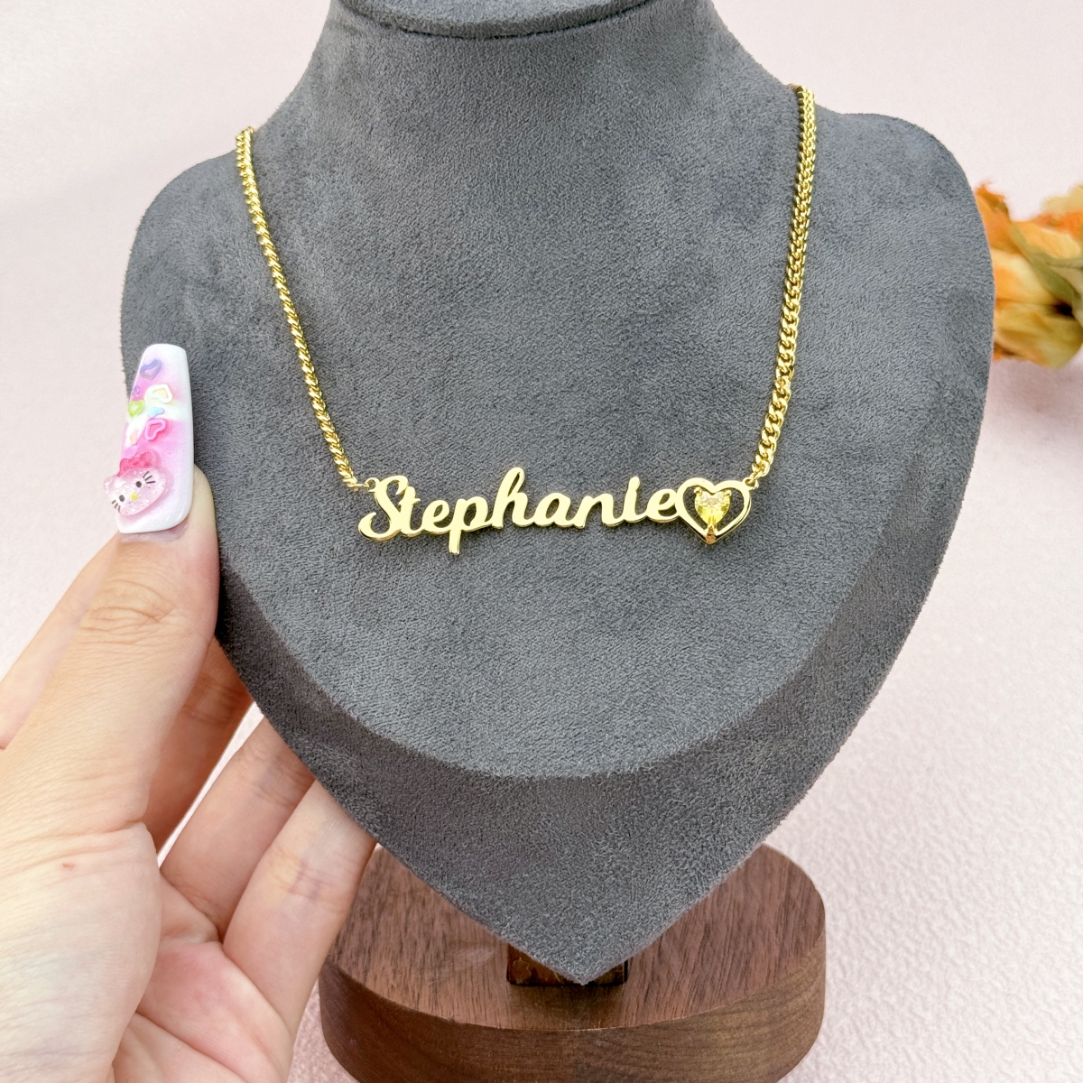 Personalized Gold Plated Heart Birthstone Nameplate Necklace