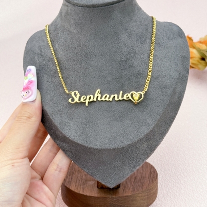 Personalized Gold Plated Heart Birthstone Nameplate Necklace