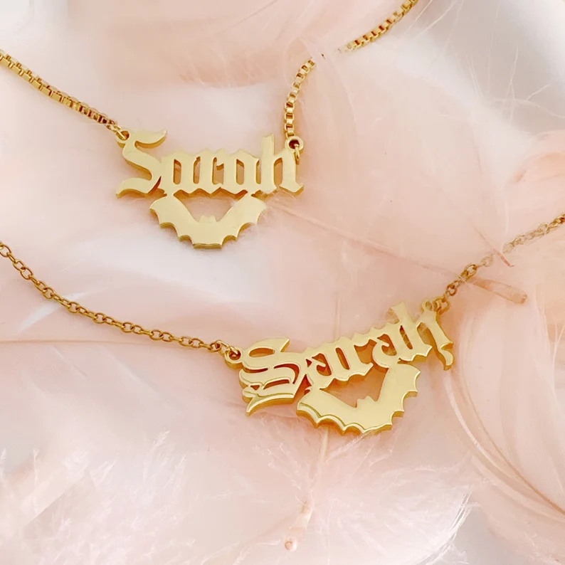 Personalized Old English Bat Name Necklace