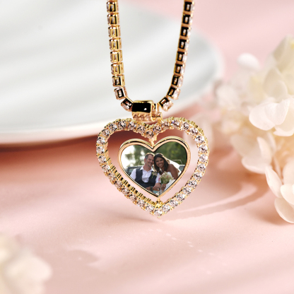Tennis Chain Heart Shaped Personalized Custom Gold Plated Photo Pendant Necklace