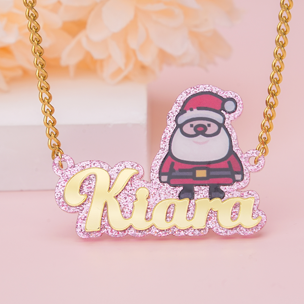 Personalized Pink Acrylic Santa Claus Name Necklace Christmas Gifts