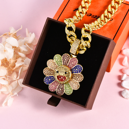 Sunflower Crystal Rotatable Iced Out Cuban Chain Hip-hop Necklace