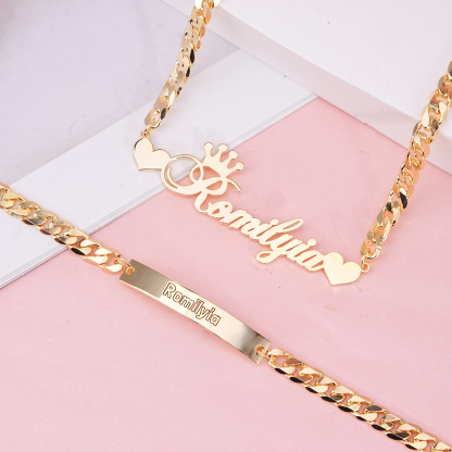Crown and Double Heart Personalized Name Necklace and Baby Bracelets Set