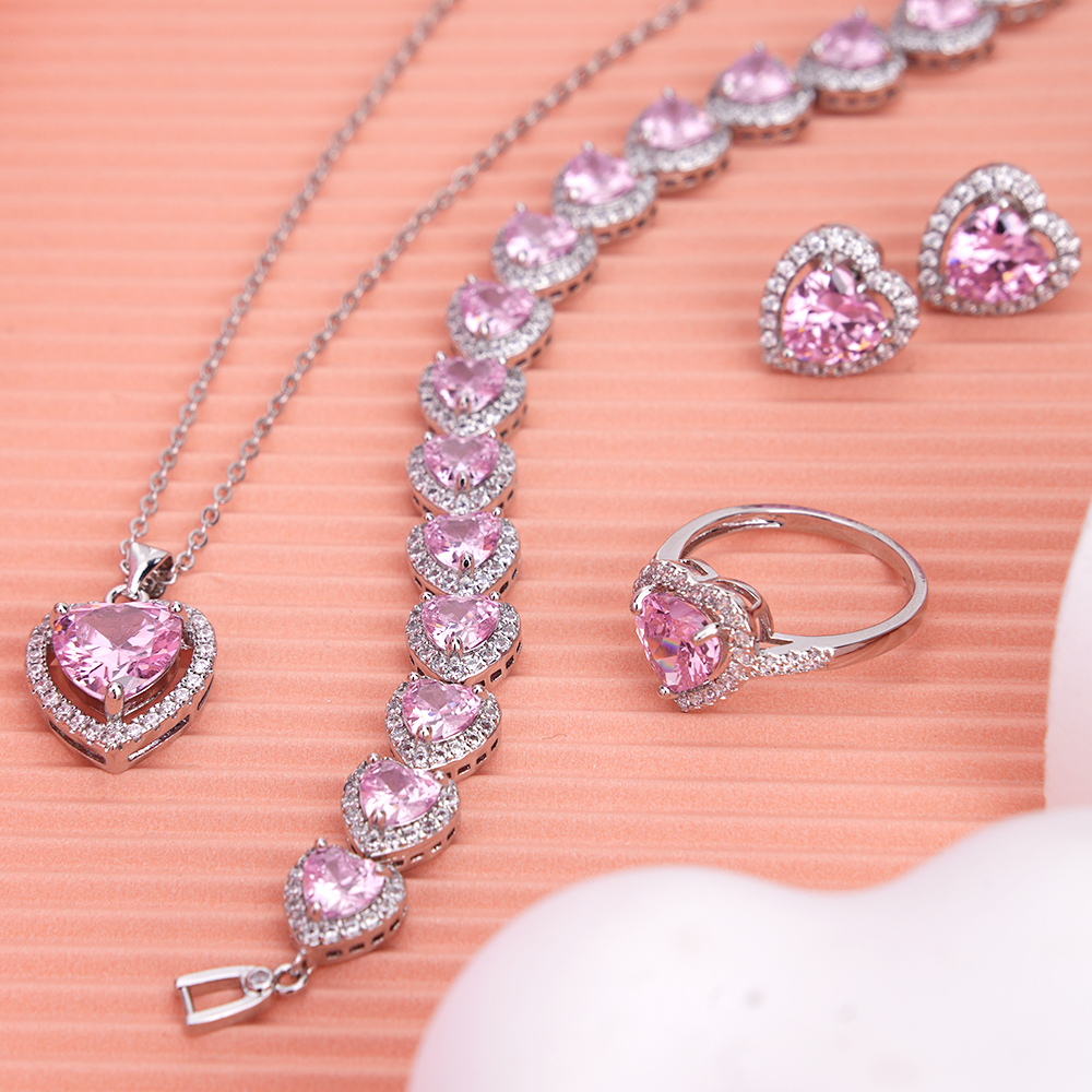 Pink Heart Zircon White Gold Necklace Bracelet Ring and Earrings Four Piece Valentines Jewelry