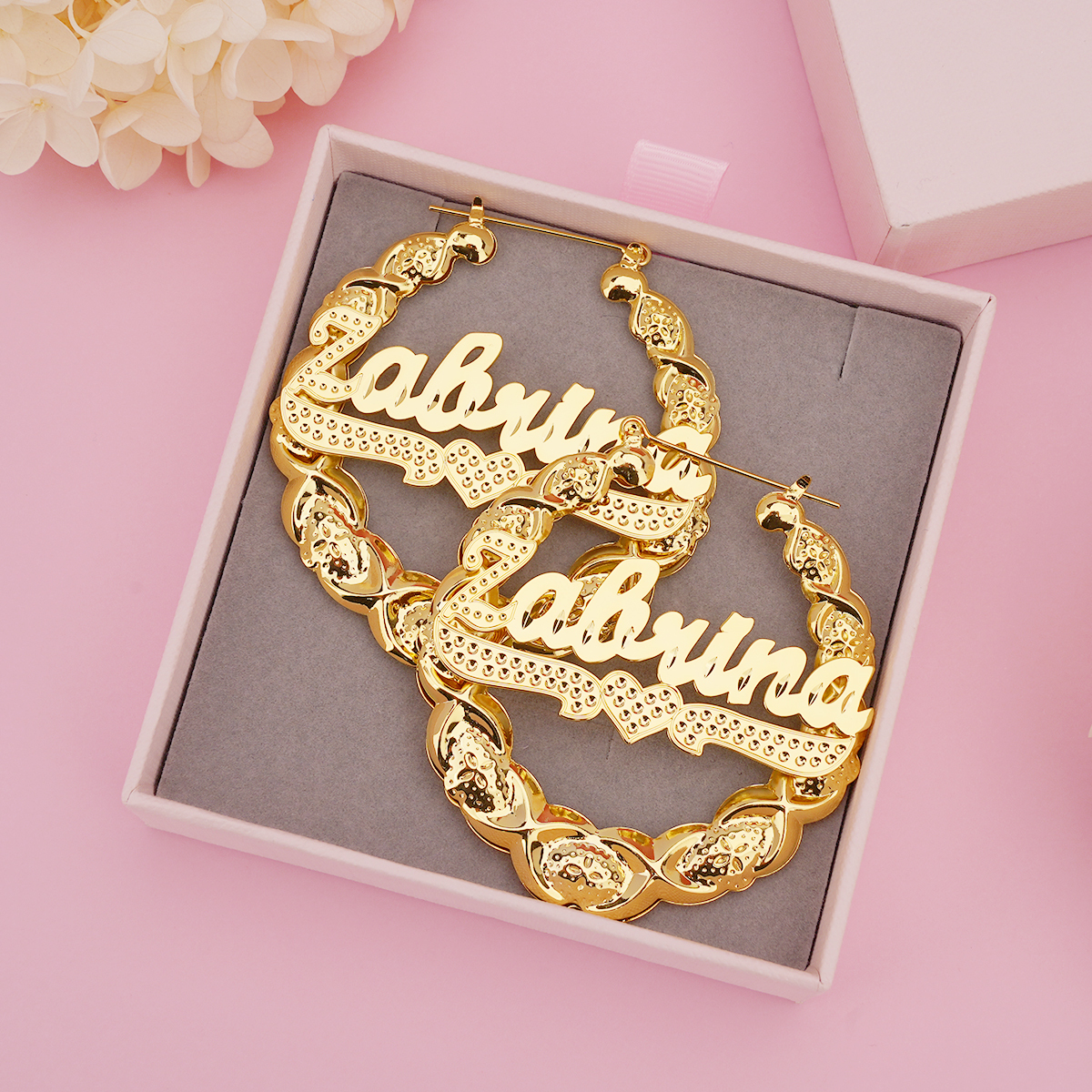 XOXO Bamboo Earrings with Heart Personalized Custom Gold Plated Name Earrings