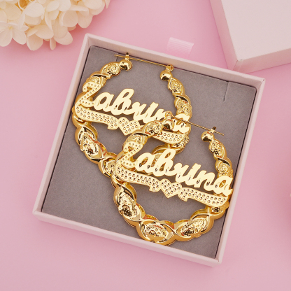 XOXO Bamboo Earrings with Heart Personalized Custom Gold Plated Name Earrings