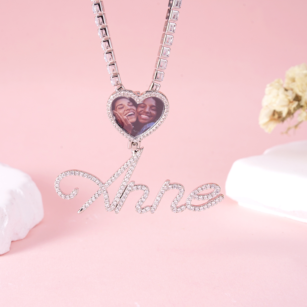 Custom Name Picure Pendant Heart Hook Cursive Letters Necklaces