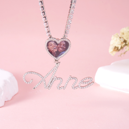Custom Name Picure Pendant Heart Hook Cursive Letters Necklaces