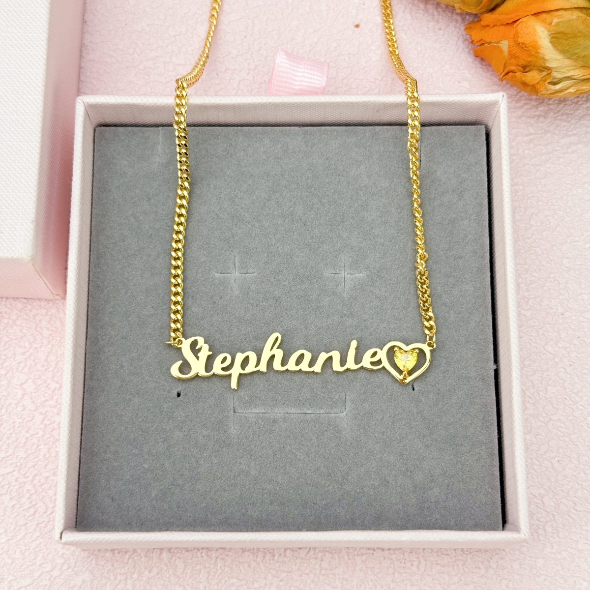 Personalized Gold Plated Heart Birthstone Nameplate Necklace