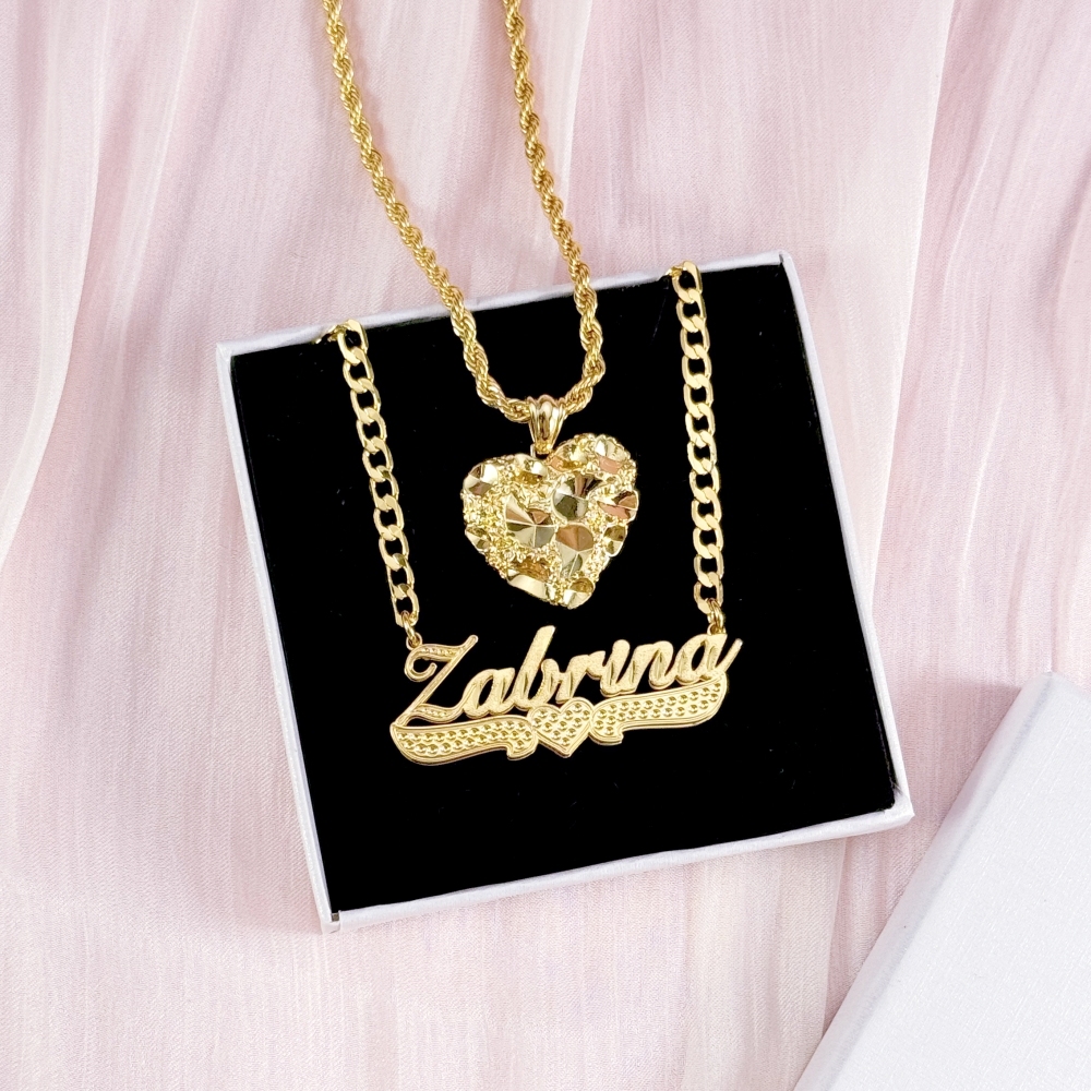 Nugget Style Heart Pendant Necklace and Diamond Cut 3D Name Necklace Set